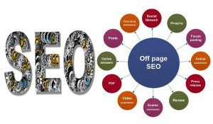 Illustration with 'SEO' in gears. Nearby is a central circle labeled 'Off page SEO' connected to smaller circles with actions like blogging, forums, and reviews.