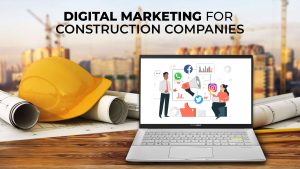 Laptop displaying digital marketing icons sits on a desk with construction blueprints and a yellow hard hat, set against a city skyline backdrop.
