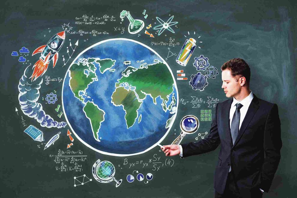 A man dressed in a suit stands next to a chalkboard, with a globe and various thematic icons displayed around him.
