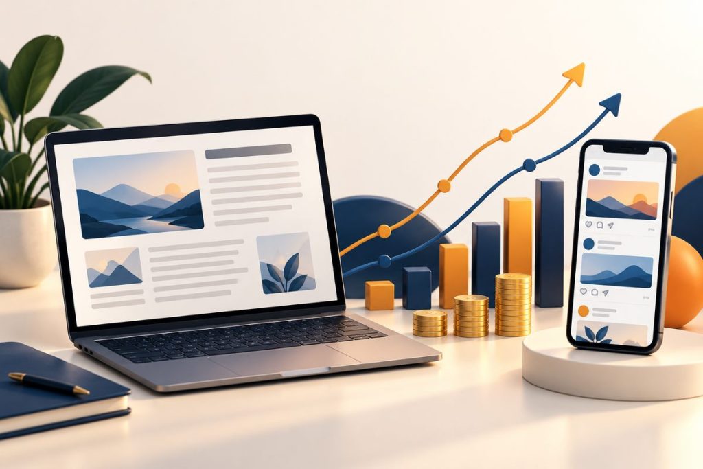 Laptop and smartphone illustrating content marketing vs social media ROI with growth charts